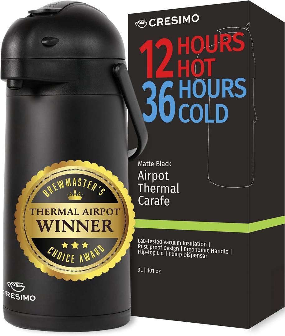 Airpot Coffee Dispenser With Pump, Black - 12 Hours Hot Water Dispenser with Pump, 36 Hours Cold - Coffee Thermal Carafe for Hot Drinks, Tea Flask for Beverages -Large Carafe w/ One-Handed Dispensing (102 Ounces)
