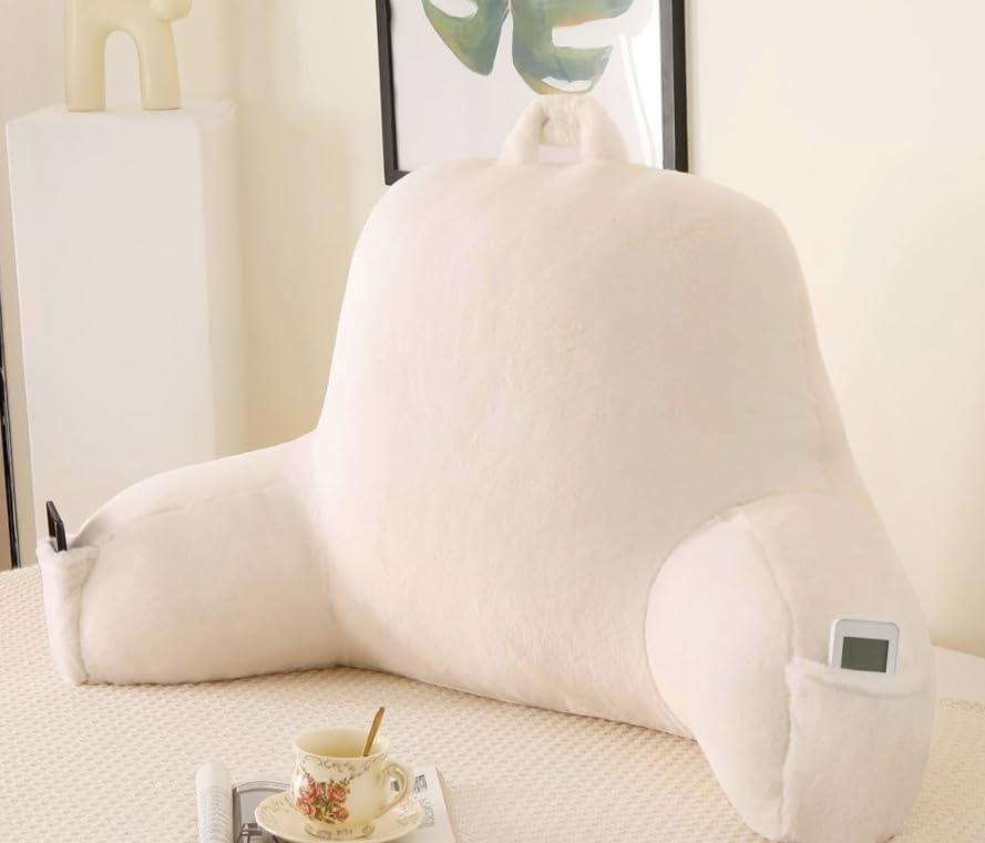 Aesthetic Reading Pillow for Bed,Soft Faux Fur Husband Pillow with Arms for Gaming & Lounging,Oeko-TEX Certified Plush Backrest Pillow for Girls Room(17",White)