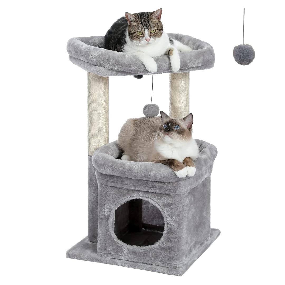 PEQULTI Cat Tree Tower for Indoor Cats with Private Cozy Cat Condo, Natural Sisal Scratching Posts and Plush Pompom for Small Cats