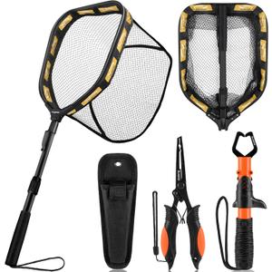 PLUSINNO Floating Fishing Net for Steelhead, Salmon, Fly, Kayak, Catfish, Bass, Trout Fishing, Rubber Coated Landing Net for Easy Catch & Release, Compact & Foldable for Easy Transportation & Storage (11.8"/30cm Hoop Size 1.0M Orange (Telescopic) With Accessory)