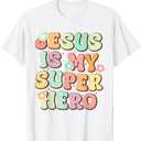 Jesus Is My Superhero Christian Religious T-Shirt (Small, White)