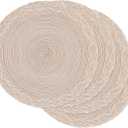 SHACOS Round Placemats Set of 4 Boho Braided Border 15 inch Circle Place Mats Washable Fabric Table Mats for Kitchen Dining Table, Beige