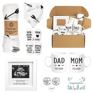 Pregnancy Gifts for New Parents Est 2026- New Mom Gifts Basket for Pregnancy Announcement, Baby Shower - Mom & Dad Mugs, Decision Coin, Ultrasound Frame, Swaddle Blanket, Bib, Socks