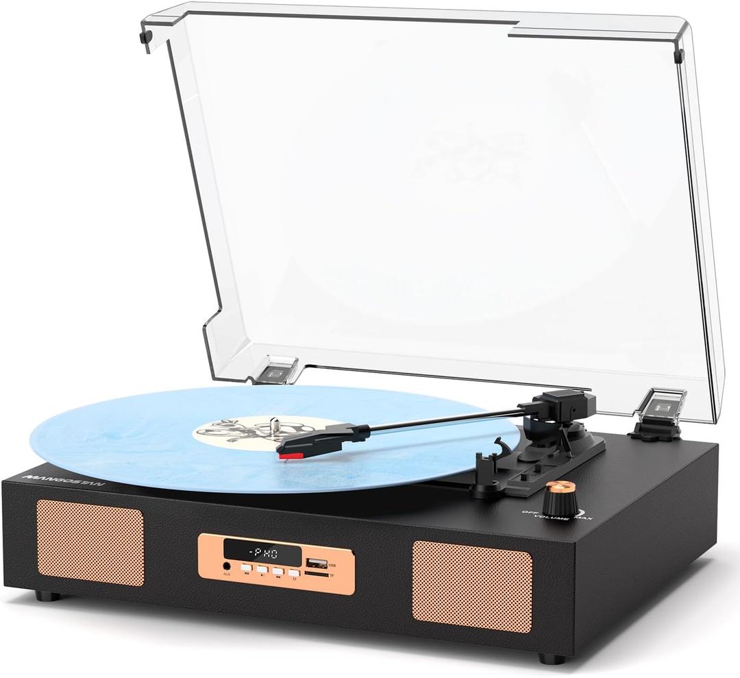Vintage Vinyl Record Player, 3-Speed Turntable with Bluetooth, USB/SD Recording, Built-in Stereo Speakers, RCA Output, Digital Display  Black & Gold