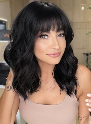AISI HAIR Bob Curly Wig Synthetic Short Black Wig with Bangs Natural Looking Heat Resistant Fiber Hair for Women