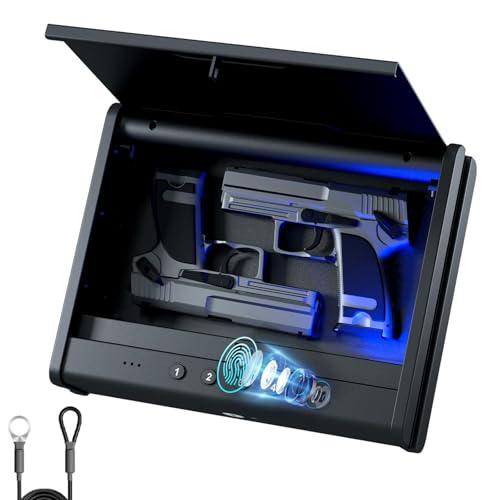 PINEWORLD Biometric Gun Safe for Handgun,3 Quick Access Pistol Safe With Fingerprint,Voice Navigation Gun Case with Interior Light&Type C Port&Mute Mode for Home, Nightstand, Car, Steel Cable Included