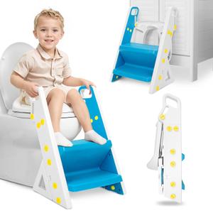 Potty Training Seat, Upgrade Foldable Step Stool, Climbable and Easy to Carry Handles, Adjustable for Different Toilet Heights, Attachment with Stable Structure for Boys and Girls (Blue)
