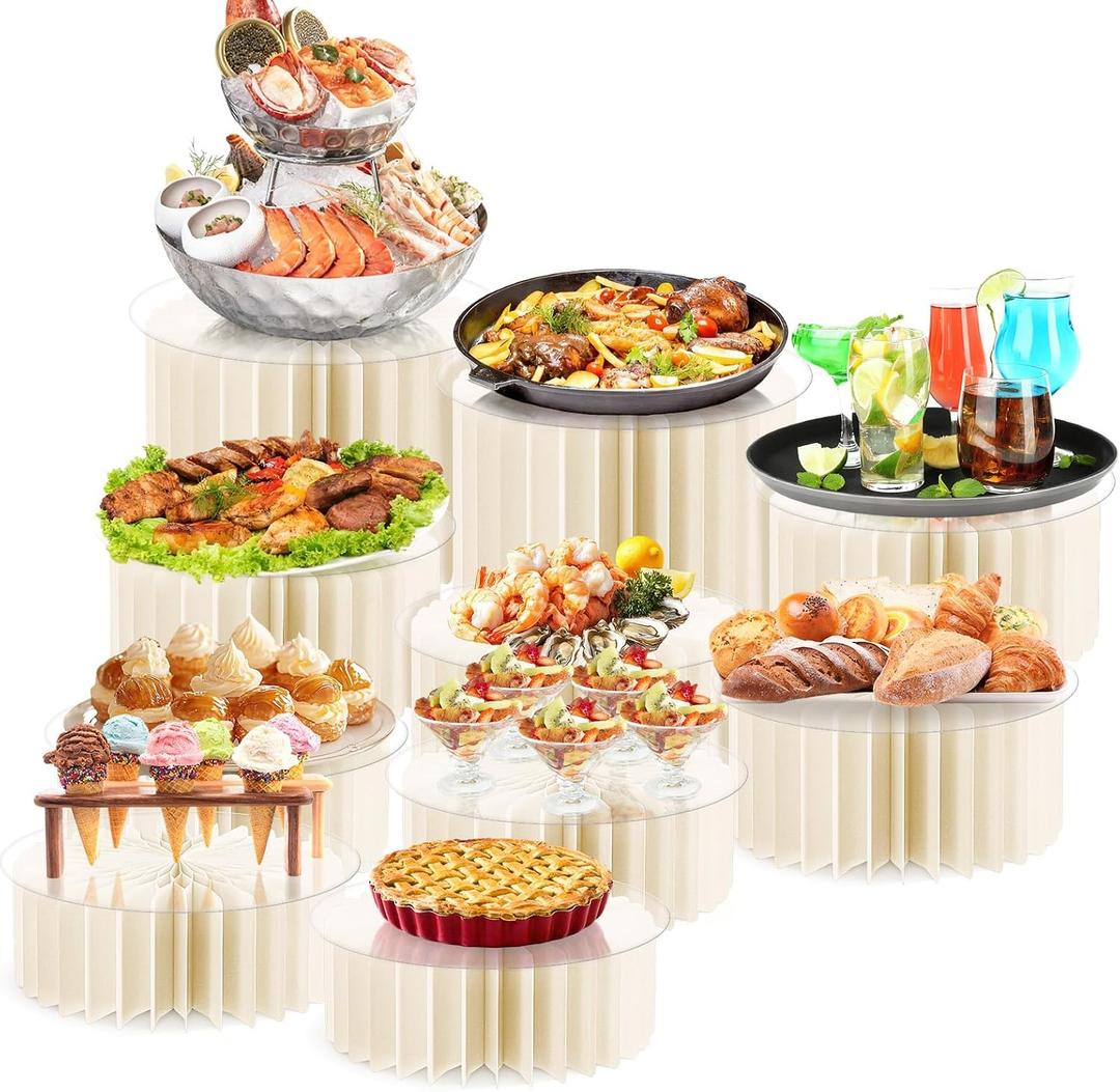 10 Pcs Buffet Risers, Acrylic & Cardboard Foldable Table Food Display Stands with Acrylic Plates Risers for Catering Dessert Cake Jewelry for Wedding Birthday Christmas Party Decorations White