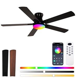 Teracfan Ceiling Fans with Lights 52 inch, Flush Mount Low Profile, Smart Remote & App, RGB LED, Dimmable 3CCT, 6-Speed Reversible, Sleek Ceiling Fan for Bedroom Living Room Apartment Nursery, Black