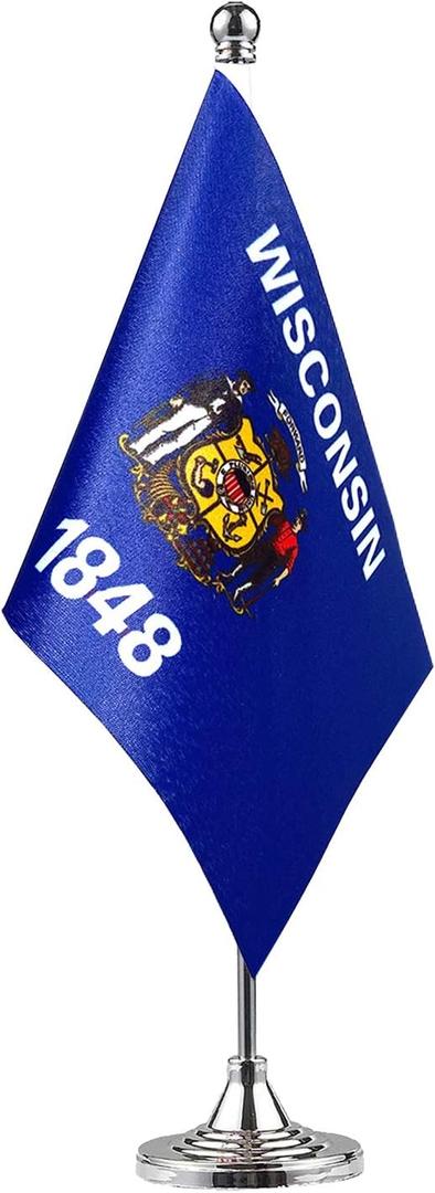 GentleGirl.USA State Flag Wisconsin WI Flag, Small Mini Wisconsin State Flag Desk Flag Stick Office Table Flag on Stand Base, US Festival Events Celebration Decoration, Desk Home Decoration