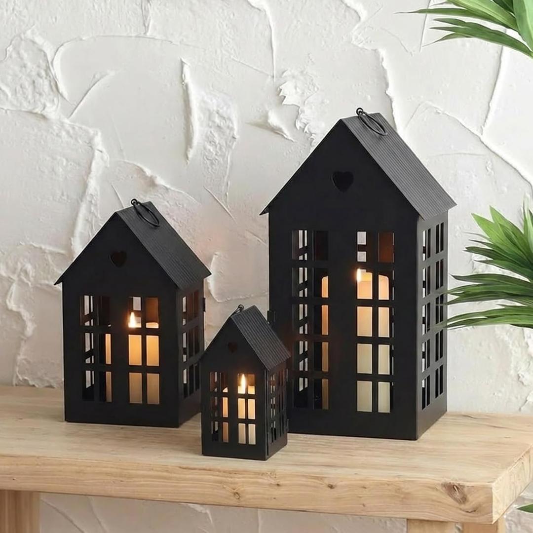 TRIROCKS Set of 3 Decorative Hanging Lanterns 13.5"&9.5"&5.5" H Gothic Street Town House Village Decor Candle Holders for Home Garden Yard Patio Gothic Parties Events Indoors Outdoors(Black)