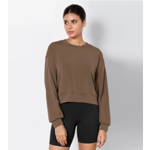 ODODOS Modal Soft Long Sleeve Cropped Sweatshirts for Women Oversized Crew Neck Pullover Crop Top (Brown, S)