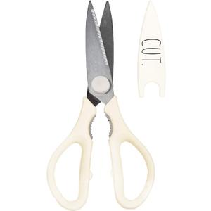 Rae Dunn Kitchen Scissors- Stainless Steel Kitchen Shears, Cooking Scissors for Cutting Meat, Chicken, Herbs and Produce with Blade Cover and Soft Grip Handles, (White)