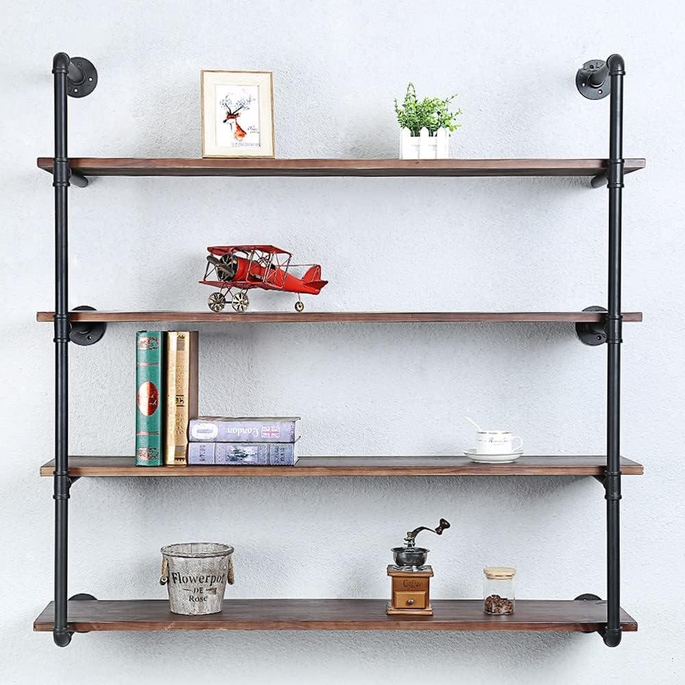 Industrial Pipe Shelving Wall Mounted,48in Rustic Metal Floating Shelves,Steampunk Real Wood Book Shelves,Wall Shelf Unit Bookshelf Hanging Wall Shelves,Farmhouse Kitchen Bar Shelving(4 Tier)