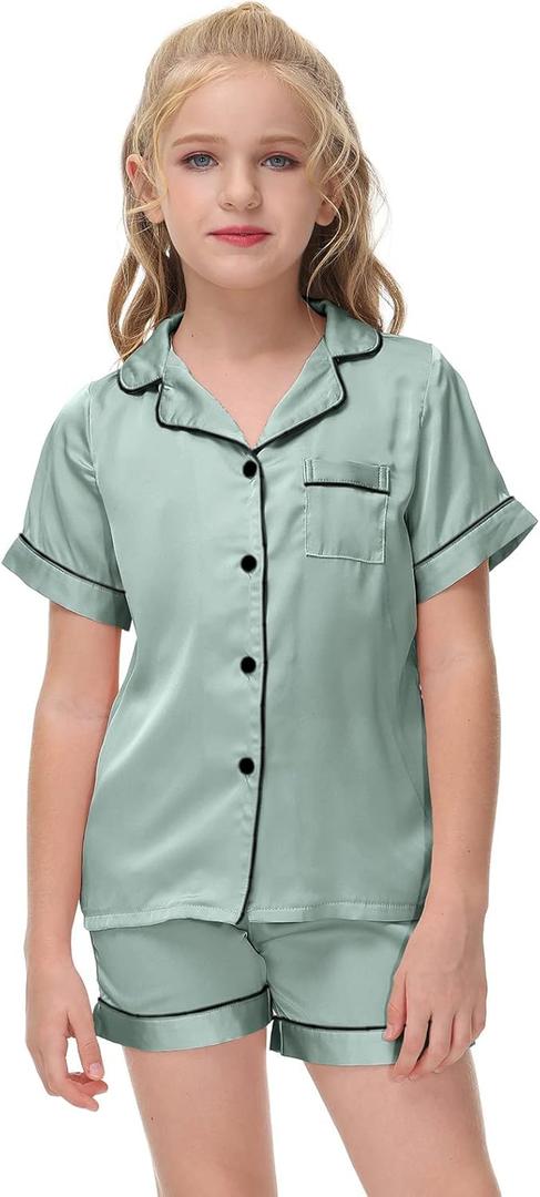 Veseacky Classic Silk Nightwear for Little Girls Notch Collar Button Down Satin 2 Piece Pajama Set (Grey,size 6)