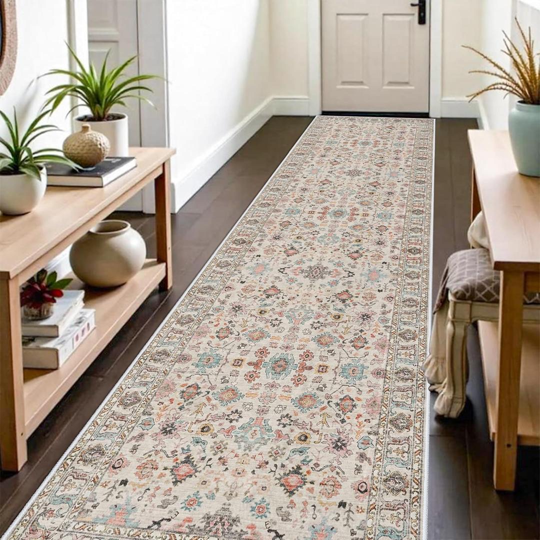 TOPRUUG Hallway 3x12 Runner Rug: Non Slip Runner Rugs with Rubber Backing Floral Soft Kitchen Rug Farmhouse Distressed Carpet Runner for Living Room Bedroom Bathroom (Beige/Colorful, 3X12)