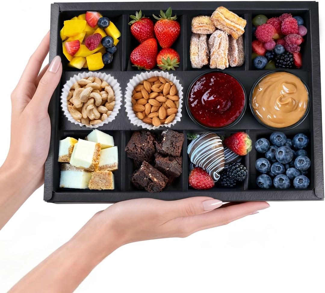 Disposable 8-Compartment Pastry Box with Lids, 10PK Black Divided Bakery Treat Box with Dip Holder for 4-6 Persons, Paper Serving Tray Takeout 12.5x9.3x2in (Balck-window)
