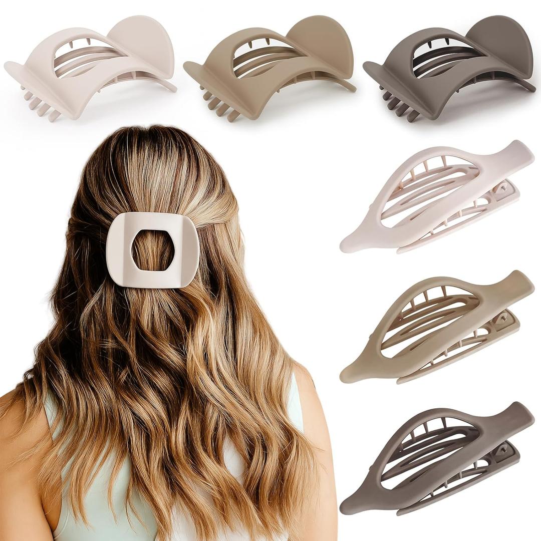 Large Flat Hair Claw Clips for Women, Matte Non Slip Strong Hold Claw Clips for Thick Hair, Durable Neutral Color Hair Accessories Pack of 6