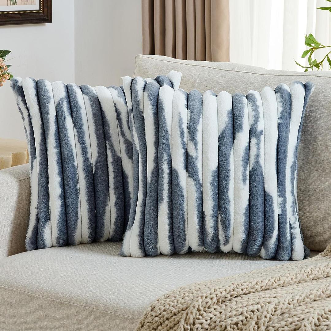 FUTEI Pack of 2 Faux Fur Plush Throw Pillow Covers 18x18 Inch Soft Tie Dye Striped Textured Farmhouse Decorative Cushion Covers Modern Home Decor for Couch Bed Living Room, Blue White