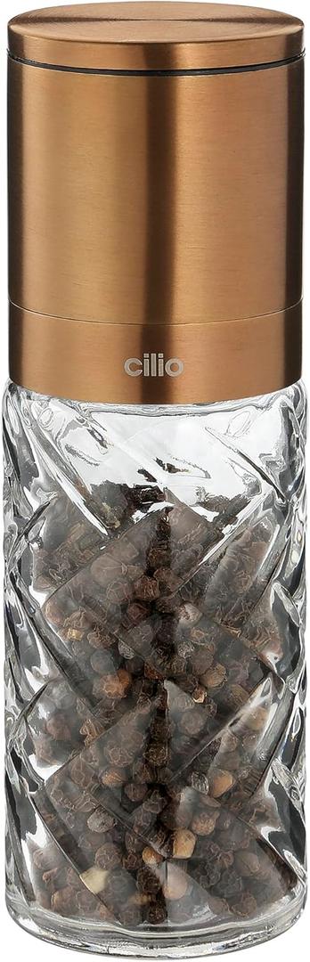 Cilio Cristallo Glass & Stainless Steel Salt and Pepper Mill - Copper 2 x 6.7 In H - Spice Grinder Shaker - Pepper Grinder - Copper Salt Mill