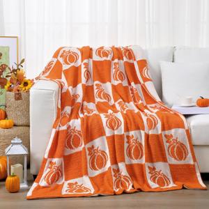 Buryeah Thanksgiving Pumpkin Knit Throw Blanket, 50 x 60 Inch Orange and White Reversible Pumpkin Knitted Throw Blanket, Cozy Lightweight Soft Fall Autumn Gift for Couch Sofa Bed Travel