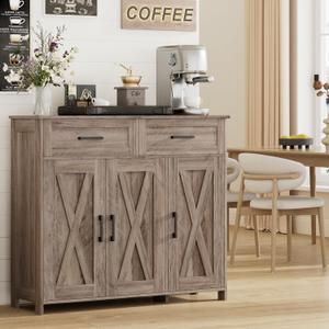 Homhedy Coffee Bar Storage Cabinet with Drawers, Kitchen Buffet Cabinet | Sideboard Cabinet with Doors, Farmhouse Buffet Cabinet, Adjustable Shelves, for Kitchen / Dining / Living Room, Greige