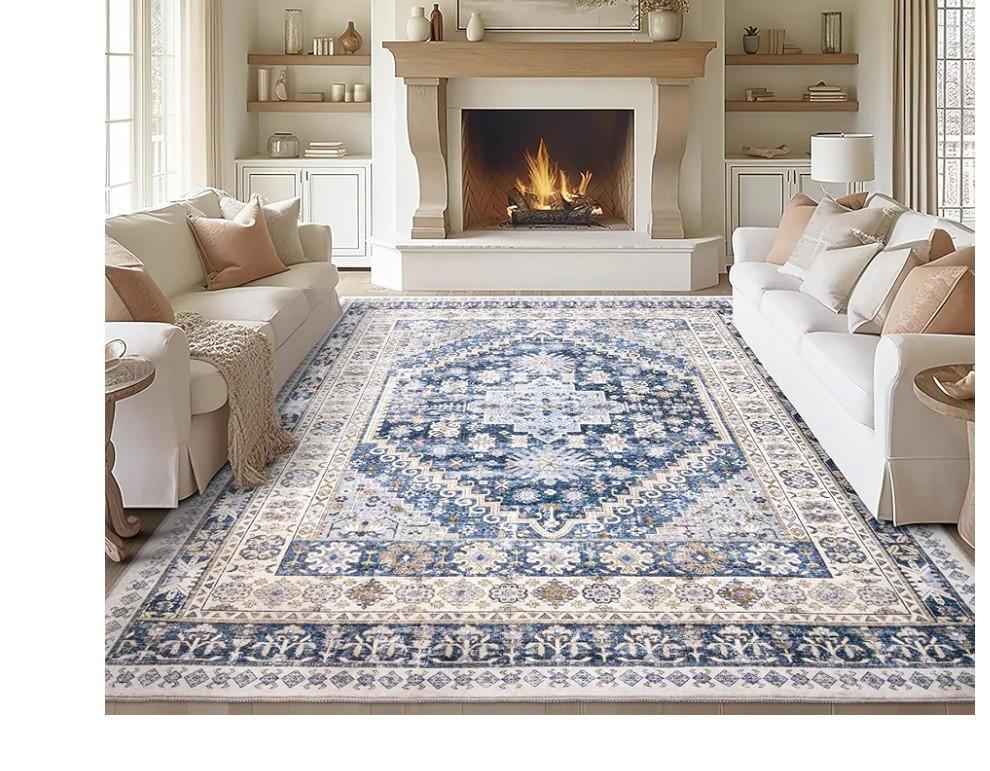 zesthome 8x10 Area Rugs for Living Room,Non-Slip Backing Washable Rugs,Vintage Large Area Rug,Stain Resistant Home Decor Rug (Blue/Beige,8'x10')