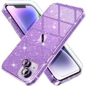 Choiche Compatible for iPhone 14 Plus Case Women Phone Case, Cute Bling Sparkly, Military Grade Drop Protection, 2 Diamond Camera Lens Covers, 2 Tempered Glass Protectors, 6.7 inch (Glitter Purple)