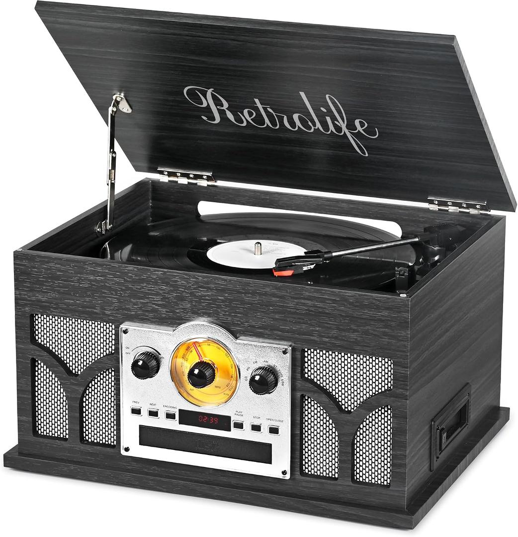 10-in-1 Record Player with Built-in Speakers Wireless Playback, CD & Cassette Player, USB Player, AM/FM Radio, 3 Speeds Turntable Vinyl Record Player Black