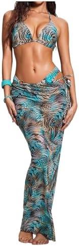 Verdusa Women's 3 Piece Cheetah Print Halter Bikini Set Animal Pattern Swimsuits with Cover Up Skirt Size S