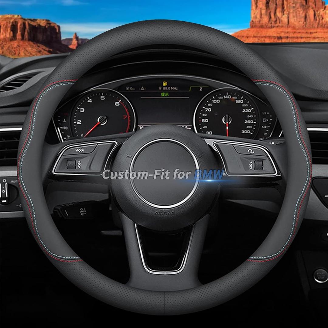 Custom-Fit for BMW Steering Wheel Cover, Premium Leather Car Steering Wheel Cover with Logo, Non-Slip, Breathable, for BMW Accessories (A-Style,for BMW)