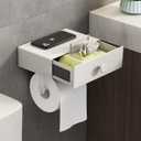 VOLDRA Toilet Paper Holder with Shelf White Wipes Dispenser for Bathroom Toilet Paper Holder with Storage Upgrade Drawer Design Toilet Tissue Holder Adhesive Small Bathroom Shelf Wall Mount