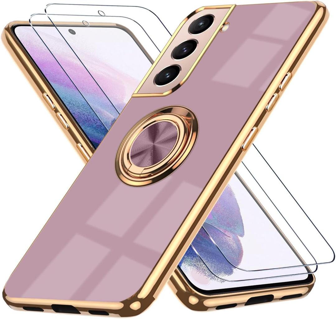for Samsung Galaxy S21 5G Case, with 2 Screen Protector, Built-in 360 Ring Holder Magnetic Stand, Luxury Electroplated Plating Edge Shockproof Protective Phone Cover, Purple