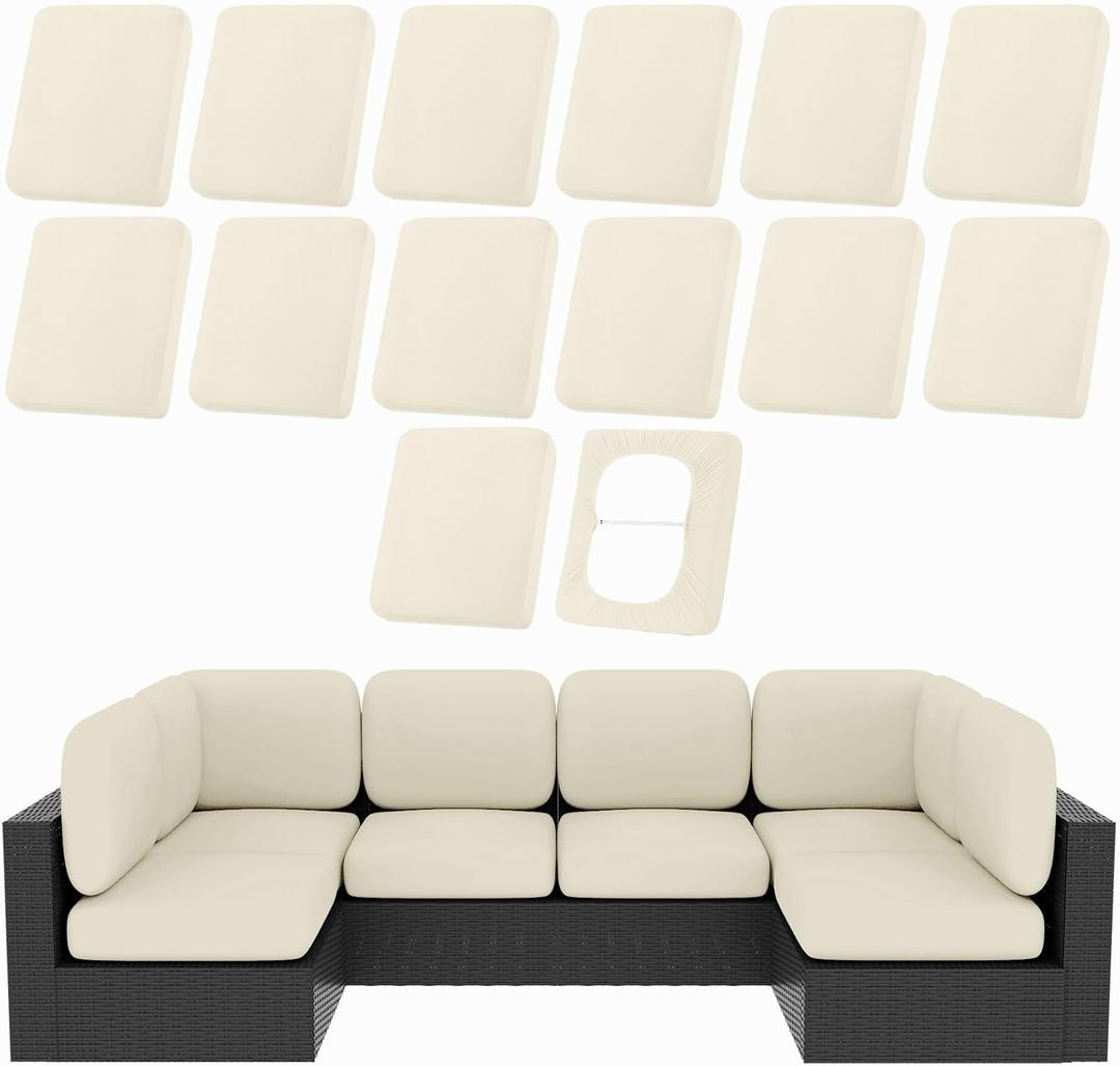 hyha 14Pcs Patio Cushion Covers, Stretch Outdoor Couch Cushion Covers Replacement, Washable Outdoor Chair/Sofa Slipcovers for Patio Furniture Cushions Protector with Elastic Bottom(Beige,Cover Only)