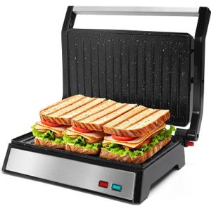 Aigostar Panini Press, 1200W Sandwich Maker and Electric Indoor Grill with Ceramic Non-Stick Coated Plates, Opens 180to Fit Any Size of Food, Stainless Steel Surface & Removable Drip Tray, Silver