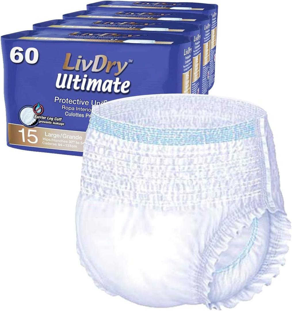 LivDry Large Ultimate Adult Incontinence Underwear, High Absorbency, Leak Cuff Protection, L, 60-Pack