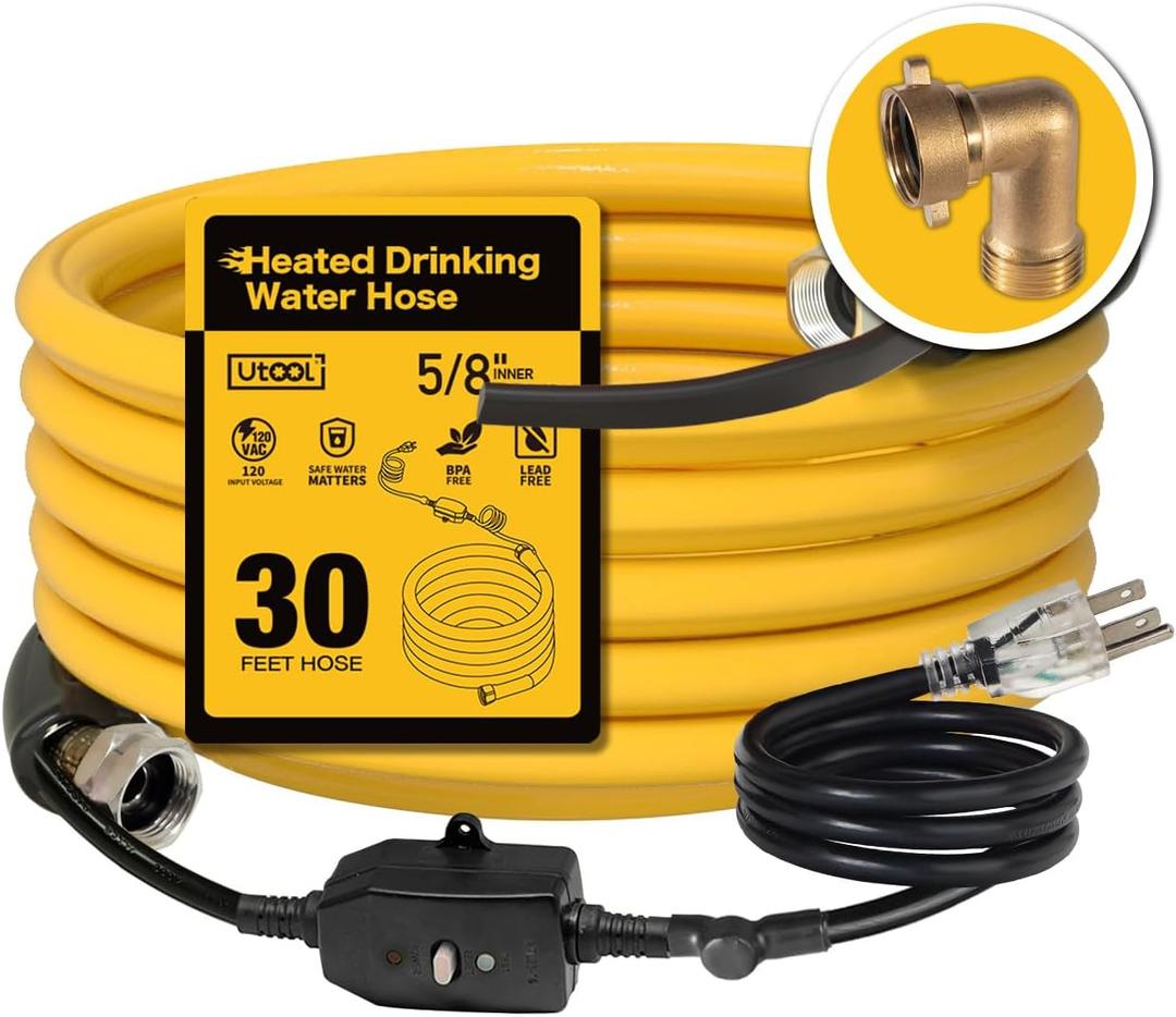 UTOOL 30 FT Heated Water Hose for RV Camper with 90 Degree Elbow, NSF 372 Drinking Water Certified Garden Hose, Automatic Thermostat Antifreeze Protection to -40F, 5/8" ID, 3/4" GHT Adapter