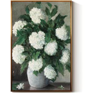 InSimSea Golden Framed Vintage Canvas Wall Art Still Life With White Hydrangeas In A Caramic Vase Painting 24x36in, Flowers Floral Botanical Print LivingRoom Art Home Wall Decor Bedroom Bathroom