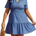 Women's Plus Size Denim Dress Short Sleeve V Neck Short Dress Ruffle Hem Boho Casual Jean Dresses (3X, Light Blue)
