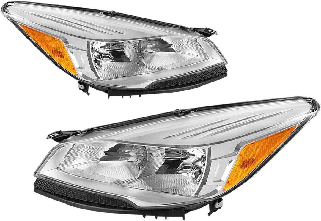 JSBOYAT Headlight Assembly Replacement for 2013-2016 Ford Escape Headlamp Driver & Passenger Side (Chrome Housing with Amber Reflector) Not for Titanium Model