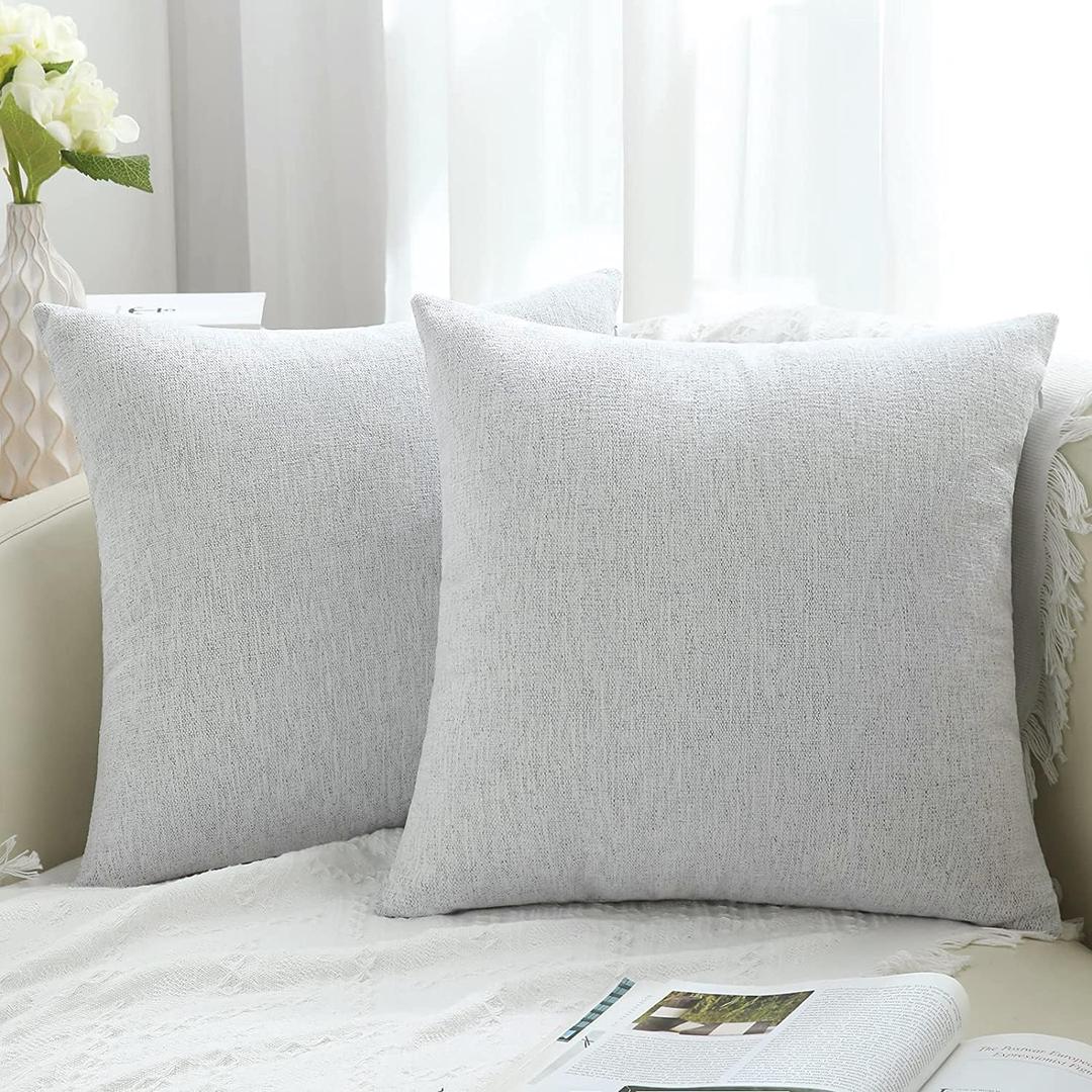 DecorUhome Chenille Decorative Throw Pillow Covers 18x18 Set of 2, Farmhouse Textured Square Neutral Solid Accent Pillow Covers for Couch Sofa Bed Living Room Home Decor, Grey White