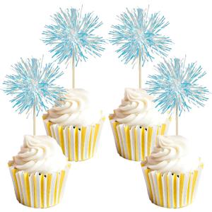 Gyufise 30Pcs Foil Firework Cupcake Toppers Sparkle Tinsel Cake Toppers Tinsel Drink Cake Decoration Cocktail Picks for Birthday Wedding Graduation Party Supplies Laser Blue