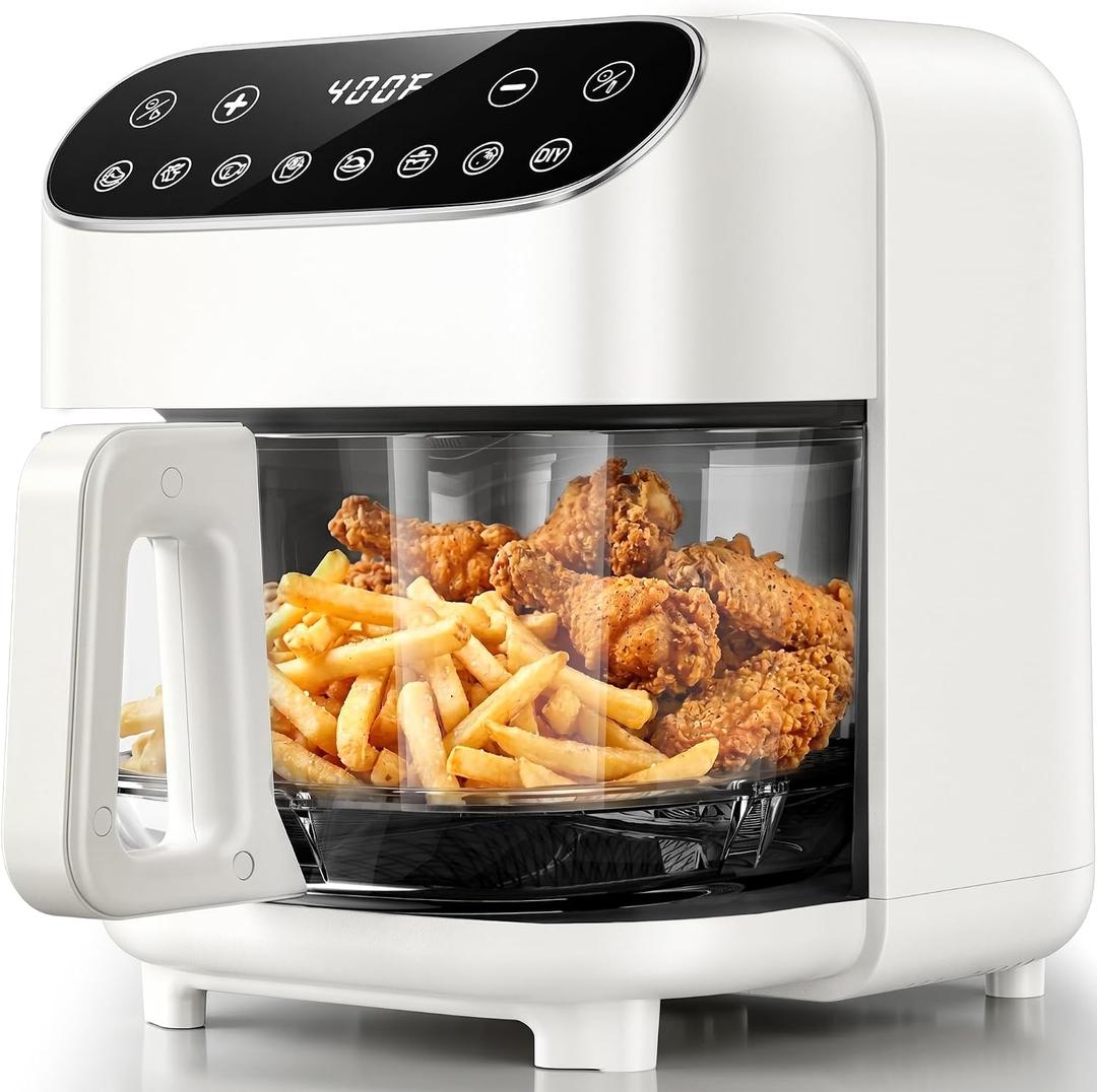 Kismile 5QT Glass Air Fryer, BPA-Free Non Toxic AirFryer with Digital Touch Control, 8 Preset Functions, 1500W Portable Airfryer, Dishwasher Safe Basket, Up to 400°F, 95% Less Oil(Creamy White)