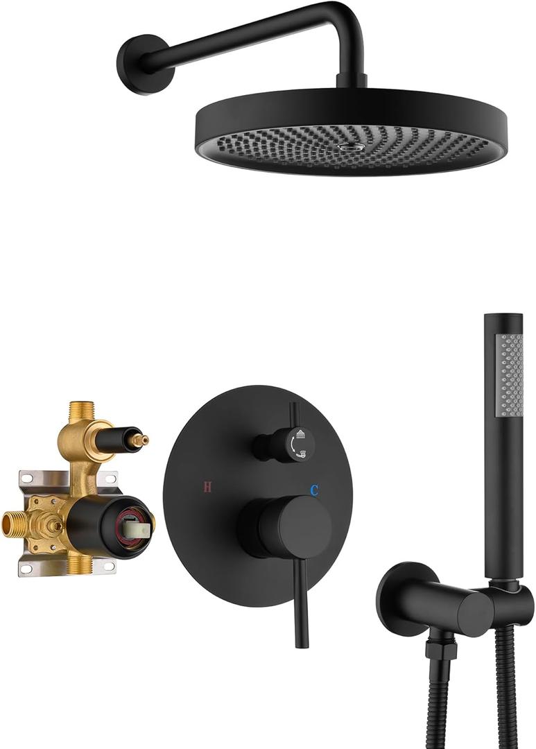 Black Shower Faucets Sets Complete, Matte Black Shower Fixtures, Shower System with 10 Inch Rainfall Shower Head And High Pressure Handheld, Brass Valve with Pressure Balance Cartridge