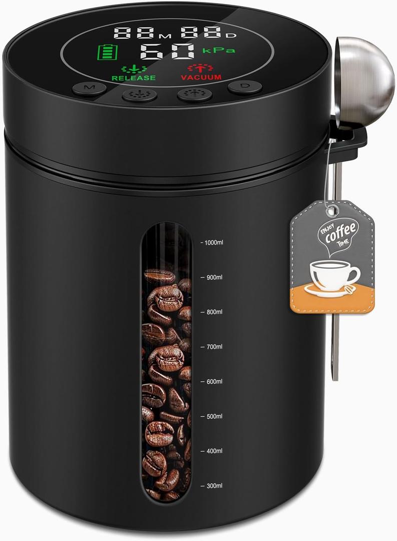 Automatic Vacuum Coffee Canister, 1.3L Coffee Container with Smart Pressure Sensor,LED Display,Window,Scoop Rechargeable Airtight Electric Coffee Bean Storage for Home Kitchen Ground Food Tea Storage (Black)