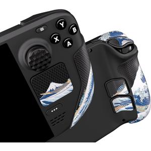 PlayVital Professional Textured Soft Rubber Pads Handle Grips for Steam Deck LCD & OLED, Trackpads Skin Grip Enhancement Back Button Protective Stickers Set with Thumb Grip Caps - The Great Wave