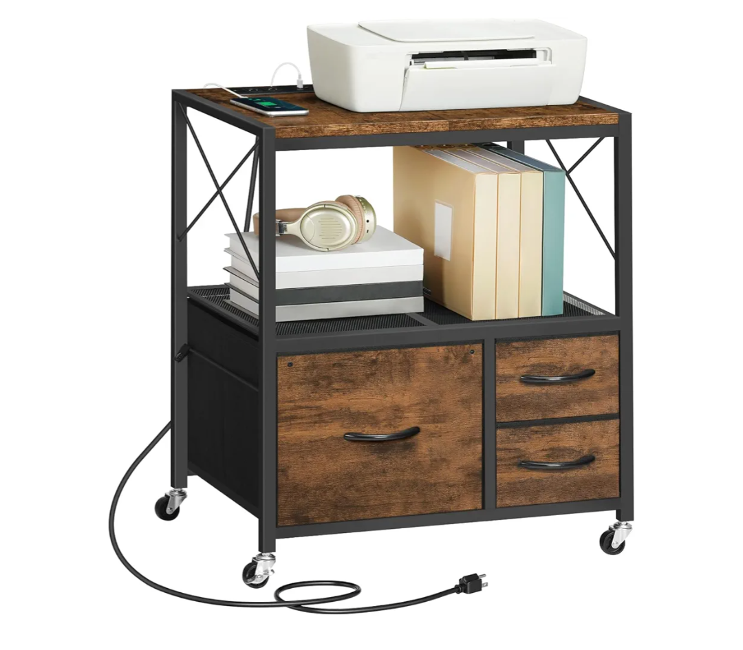 MAHANCRIS File Cabinet with Charging Station, 3 Drawer Lateral Filing Cabinet for Home Office, Mobile Printer Stand with Open Shelf, Fits A4/Letter Size File, Nonwovens Drawer, Rustic Brown FCHR98E01