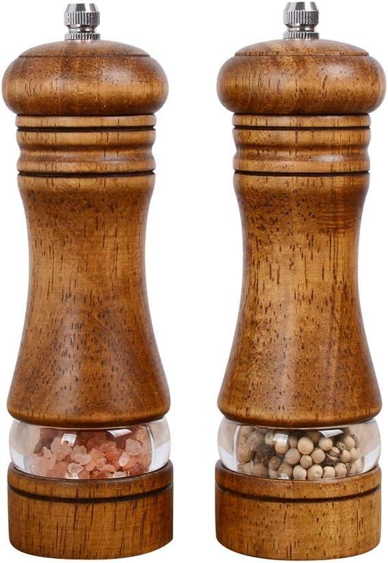 Haomacro Wood Salt and Pepper Grinder Mills Set, Classic Manual Pepper Grinder Salt Grinder Refillable Pepper Mill Sets with Acrylic Visible Window Adjustable Ceramic Grinding Rotor 6.5inch 2 Pack