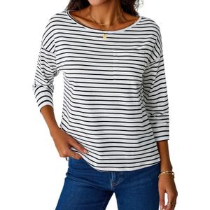 SOFIA'S CHOICE Women's Striped Shirt Loose Fit 3/4 Sleeve T Shirts Summer Casual Tee Top Black Medium (M)