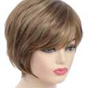 Pixie Cut Layered Short Brown Wigs with Bangs Straight Synthetic Hair Wigs for White Women (Blonde Mixed Brown)